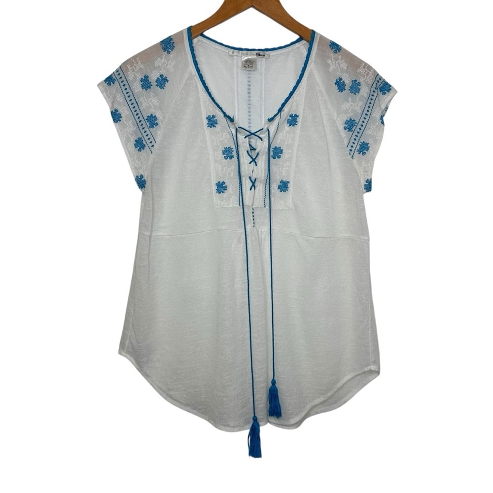 Ellison Womens Embroidered Lace Up Cotton Top Sz Medium White Blue Short Sleeve